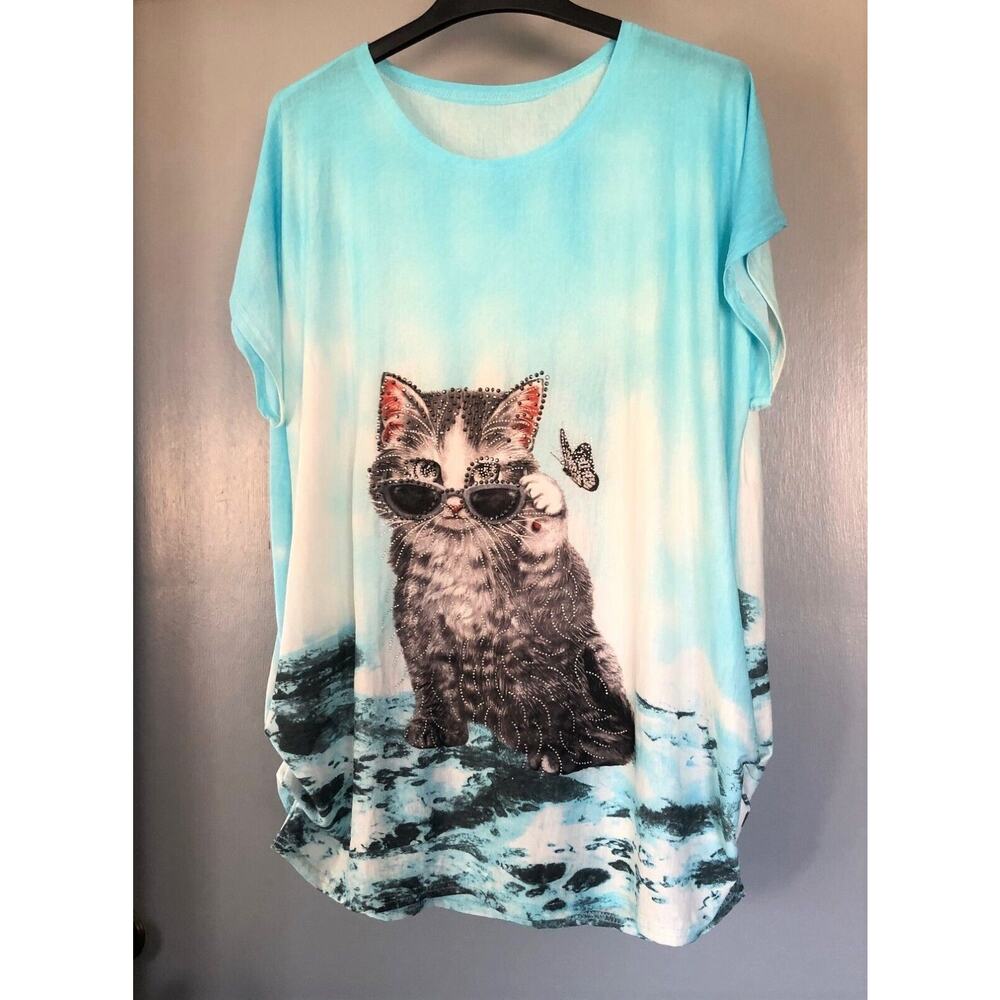 Blue cat in sunglasses embellished short sleeve top tee shirt One Size0
